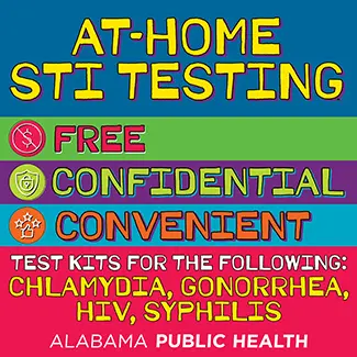 image of text that reads: At-Home STI Testing Free Confidential Convenient. Test kids for the following: Chlamydia, Gonorrhea, HIV, Syphilis