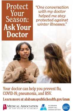 image of a poster with a patient talking to a doctor with text that reads Protect Your Season: Ask Your Doctor
