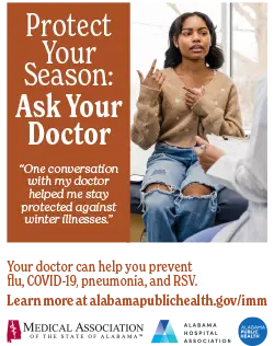 image of a poster with a patient talking to a doctor with text that reads Protect Your Season: Ask Your Doctor