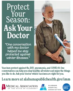 image of a poster with a patient talking to a doctor with text that reads Protect Your Season: Ask Your Doctor