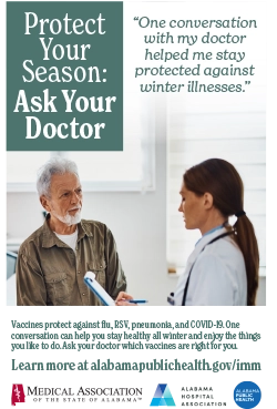image of a poster with a patient talking to a doctor with text that reads Protect Your Season: Ask Your Doctor