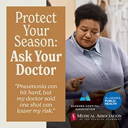 image of a patient talking to a doctor with text that reads Protect Your Season: Ask Your Doctor