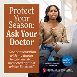 image of a patient talking to a doctor with text that reads Protect Your Season: Ask Your Doctor