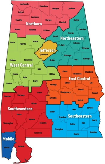 a map of the state of Alabama with districts outlined
