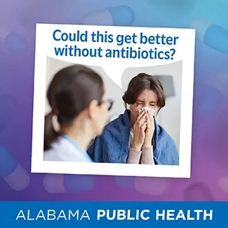 image of a patient blowing their nose sitting next to a healthcare provider and text that reads: could this get better without antibiotics?