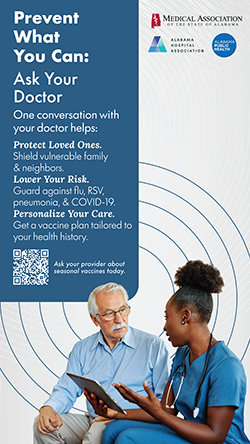 image of a poster with a patient talking to a doctor with text that reads Protect Your Season: Ask Your Doctor