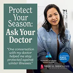 image of a patient talking to a doctor with text that reads Protect Your Season: Ask Your Doctor