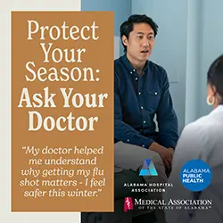 image of a patient talking to a doctor with text that reads Protect Your Season: Ask Your Doctor
