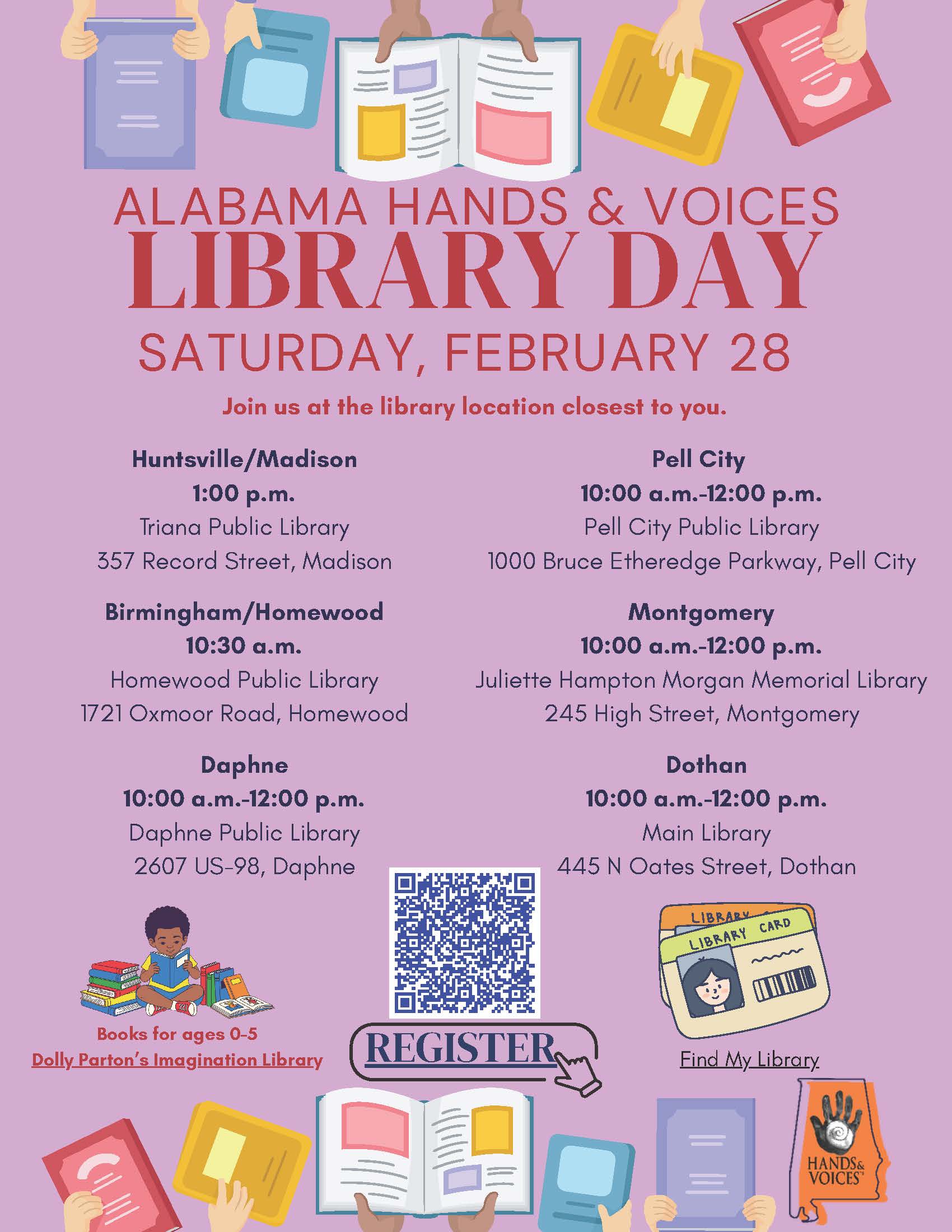 Image of the Alabama Hands and Voices Library Day happening on Saturday, February 28, 2026 flyer.