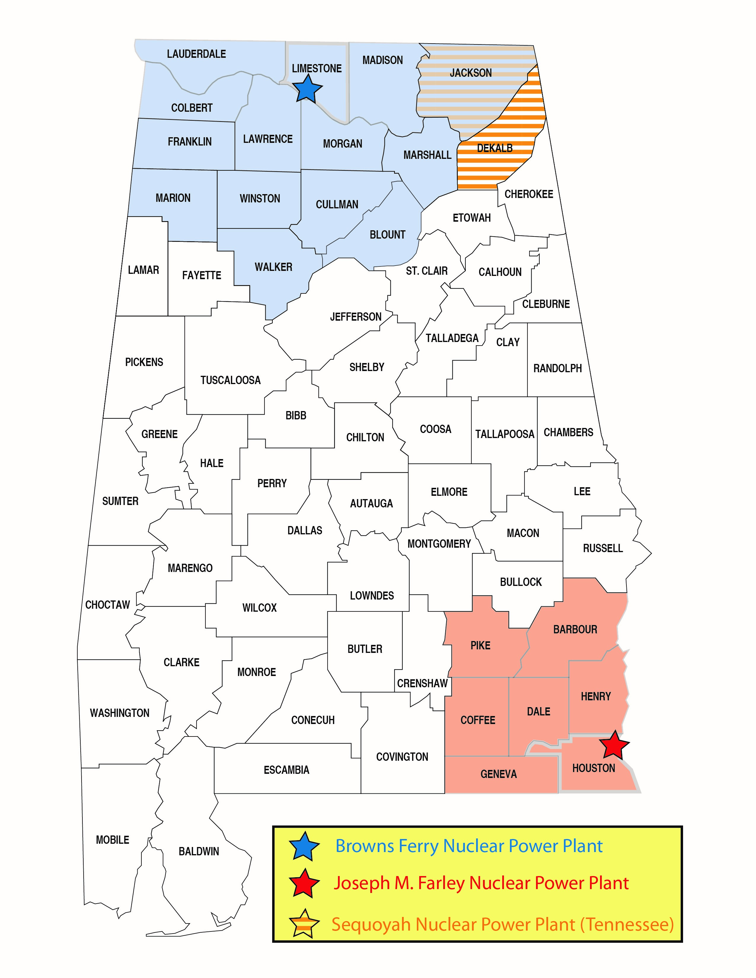 Image of an Alabama map representing the 50 mile ingestion planning zones for radiation control.